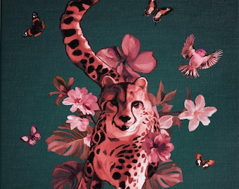 Cheetah Wall Art Print, Floral Animal Illustration, Pink Botanical Decor, Feminine Nature Artwork