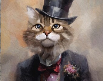 Ritratto personalizzato di gatto vittoriano da foto, arte classica con animale domestico vestito.