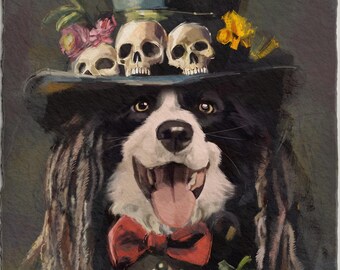 Ritratto personalizzato di Border Collie con cappello a teschio, dipinto gotico di animale domestico