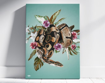 Botanisch surrealisme slang muurkunst, python bloemenprint, boho tropisch decor