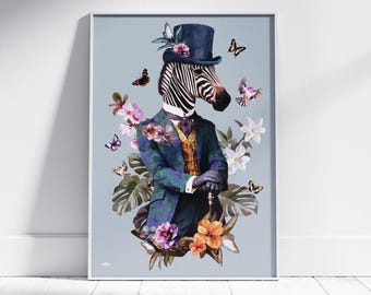 Muurkunst zebraportret, geklede dierenprint, grillig gentleman decor, Victoriaanse stijl illustratie