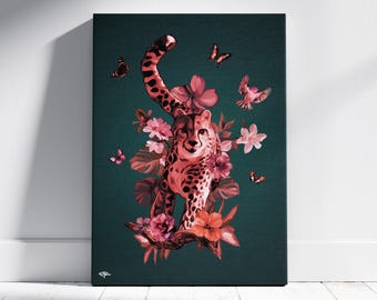 Lámina decorativa de guepardo para pared, ilustración floral de animales, decoración botánica rosa, obra de arte femenina inspirada en la naturaleza.