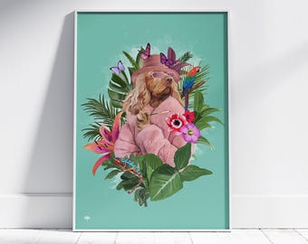 モダンな花柄の抽象的なペットの肖像画、ユニークな手作りアート作品