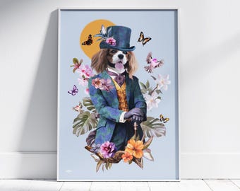 Op maat gemaakt handgeschilderd hondenportret in botanische stijl