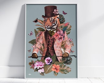 Cuadro decorativo de tigre, lámina de animal vestido, decoración de caballero caprichoso, ilustración de estilo victoriano.