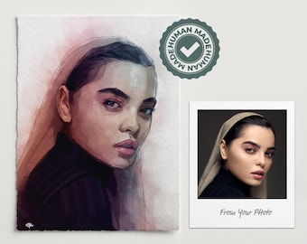 写真から作成する、パーソナライズされた水彩画の女性肖像画