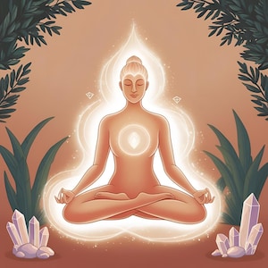 May include: Illustration of a person meditating in the lotus position, surrounded by glowing light and crystals. The figure is in a seated pose with eyes closed, radiating a soft, warm glow. Green foliage frames the scene, creating a serene and spiritual atmosphere.