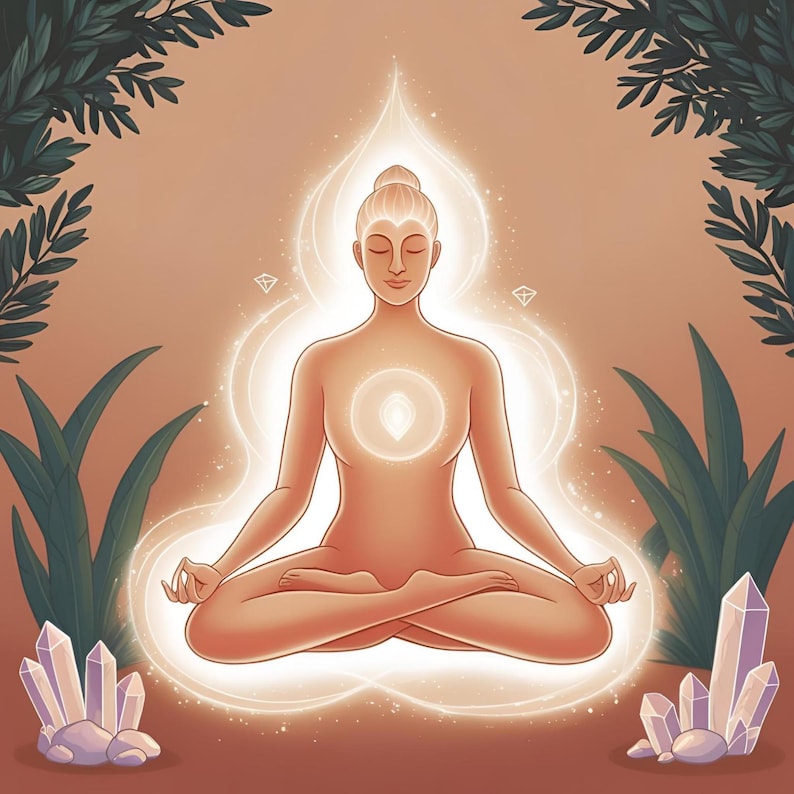May include: Illustration of a person meditating in the lotus position, surrounded by glowing light and crystals. The figure is in a seated pose with eyes closed, radiating a soft, warm glow. Green foliage frames the scene, creating a serene and spiritual atmosphere.