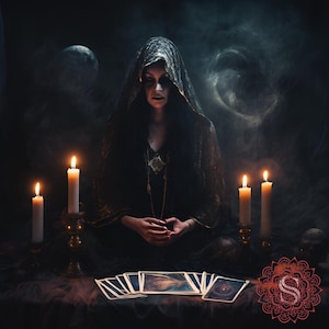May include: A person in a dark hooded cloak sits before lit candles and tarot cards. The scene is dimly lit, with a mystical atmosphere. The person is wearing a necklace and has their hands clasped. A red mandala with the letter "S" is in the lower right corner.