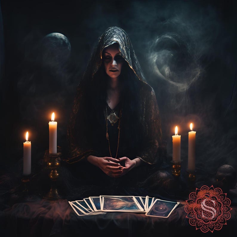 May include: A person in a dark hooded cloak sits before lit candles and tarot cards. The scene is dimly lit, with a mystical atmosphere. The person is wearing a necklace and has their hands clasped. A red mandala with the letter "S" is in the lower right corner.