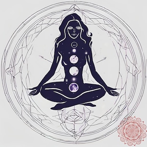 May include: A dark blue silhouette of a person in a seated yoga pose, with a series of moon-like circles along the body's center. The figure is enclosed within a circular, geometric design, with a red mandala in the lower right corner.