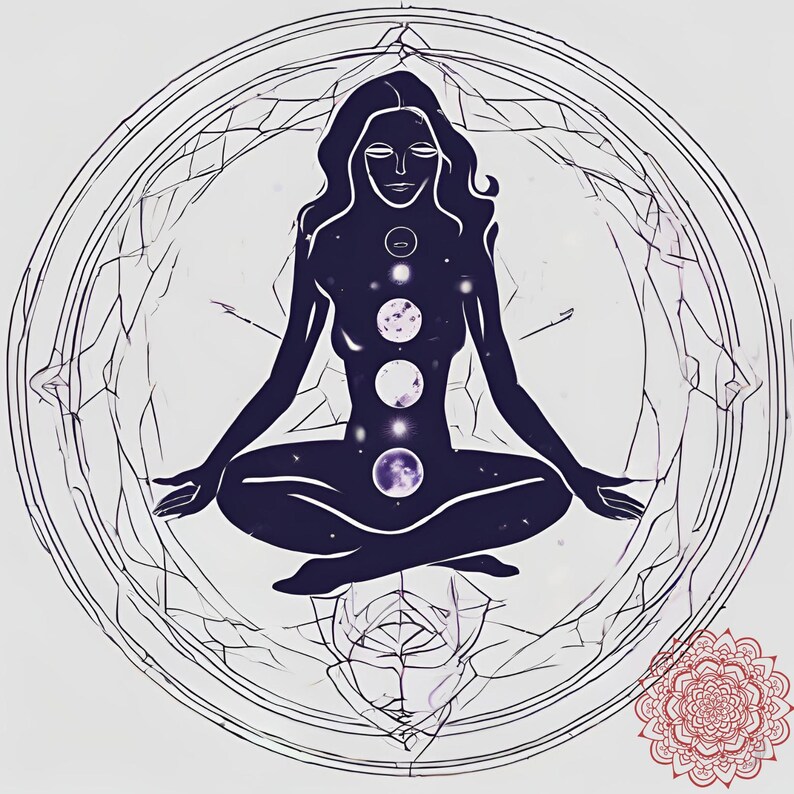 May include: A dark blue silhouette of a person in a seated yoga pose, with a series of moon-like circles along the body's center. The figure is enclosed within a circular, geometric design, with a red mandala in the lower right corner.