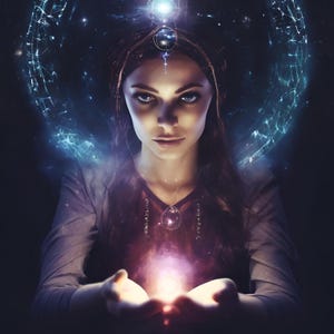 May include: Digital art of a woman with long brown hair, wearing a dark red top and a headpiece. She is holding a glowing orb in her hands, with a cosmic background and a glowing halo around her head. The image has a mystical theme.