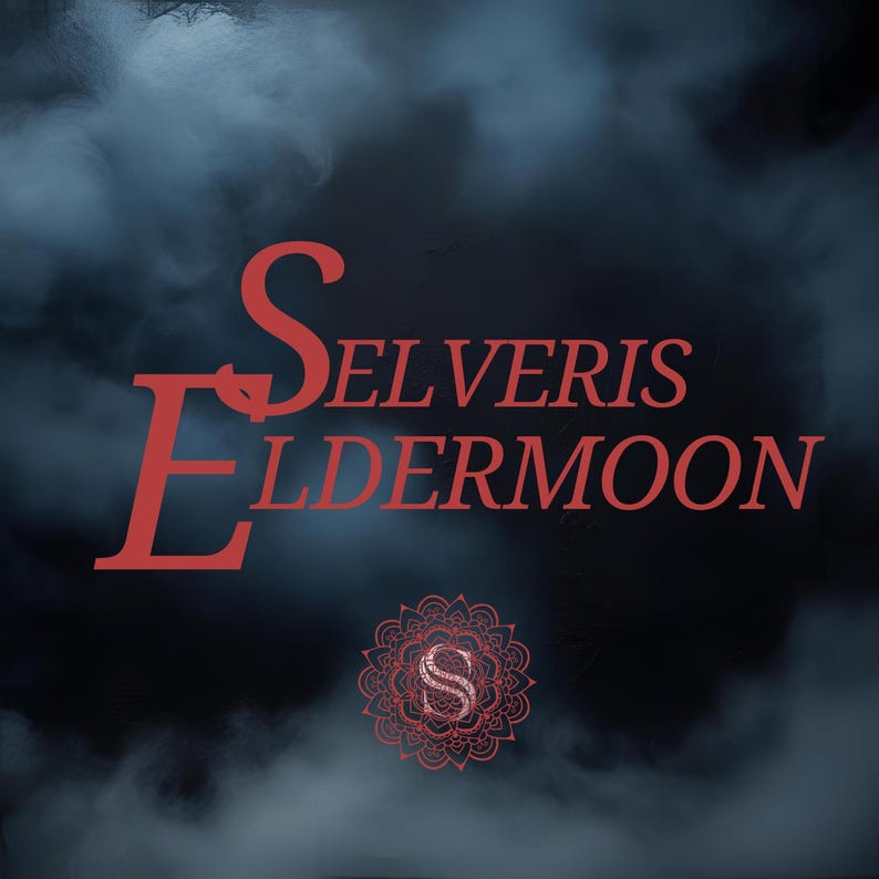 May include: Red text on a dark background reads "Selveris Eldermoon." The "E" in Eldermoon is stylized. A red floral design with the letter "S" in the center is at the bottom. The background has a smoky, cloudy effect.