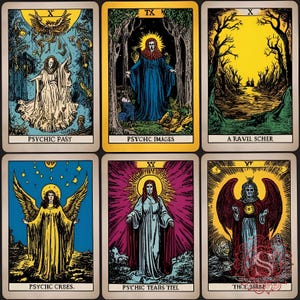 May include: A collection of six tarot cards with vintage illustrations. Each card features a central figure or scene, with titles like "Psychic Images" and "Psychic Tears Tiel." The artwork uses a palette of yellow, blue, and red, with intricate details and stylized figures.