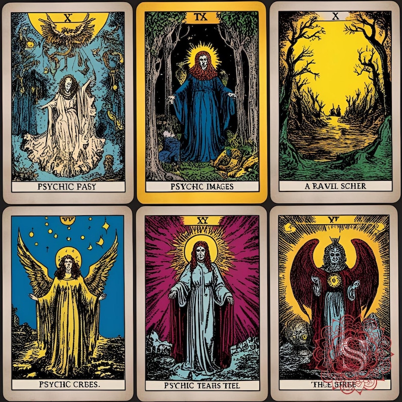 May include: A collection of six tarot cards with vintage illustrations. Each card features a central figure or scene, with titles like "Psychic Images" and "Psychic Tears Tiel." The artwork uses a palette of yellow, blue, and red, with intricate details and stylized figures.