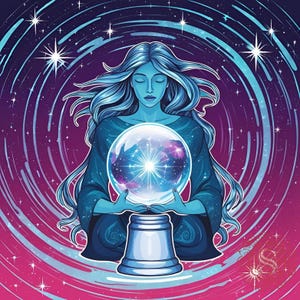 May include: Illustration of a woman with long blue hair and closed eyes, holding a crystal ball. The ball displays a galaxy design. The background features swirling lines and stars in shades of purple, blue, and pink. The woman is wearing a blue robe.