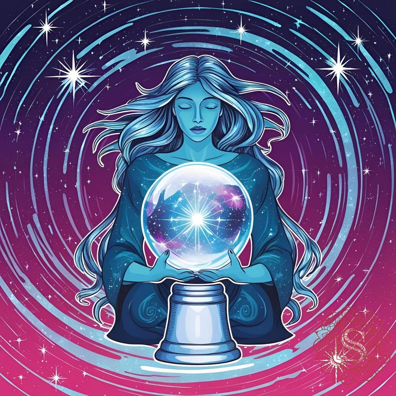May include: Illustration of a woman with long blue hair and closed eyes, holding a crystal ball. The ball displays a galaxy design. The background features swirling lines and stars in shades of purple, blue, and pink. The woman is wearing a blue robe.