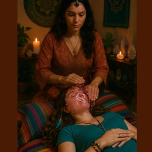 May include: A woman in a rust-colored dress performs a healing session on another woman lying on a colorful striped blanket. The room is dimly lit with candles and decorated with plants and crystals, creating a serene atmosphere.