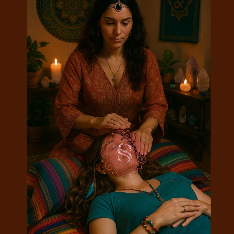 May include: A woman in a rust-colored dress performs a healing session on another woman lying on a colorful striped blanket. The room is dimly lit with candles and decorated with plants and crystals, creating a serene atmosphere.