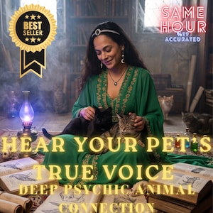 May include: An image featuring a woman in a green dress with two cats. Text reads "Hear Your Pet's True Voice" and "Deep Psychic Animal Connection." A "Best Seller" badge and "Same Hour %99 Accurate" text are also visible.