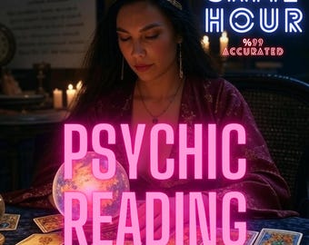 May include: An image featuring a woman with long dark hair, wearing a gold headband and a maroon top, looking down at tarot cards. The words "PSYCHIC READING" are overlaid in pink, with "SAME HOUR" and "%99 ACCURATED" in the top right corner.