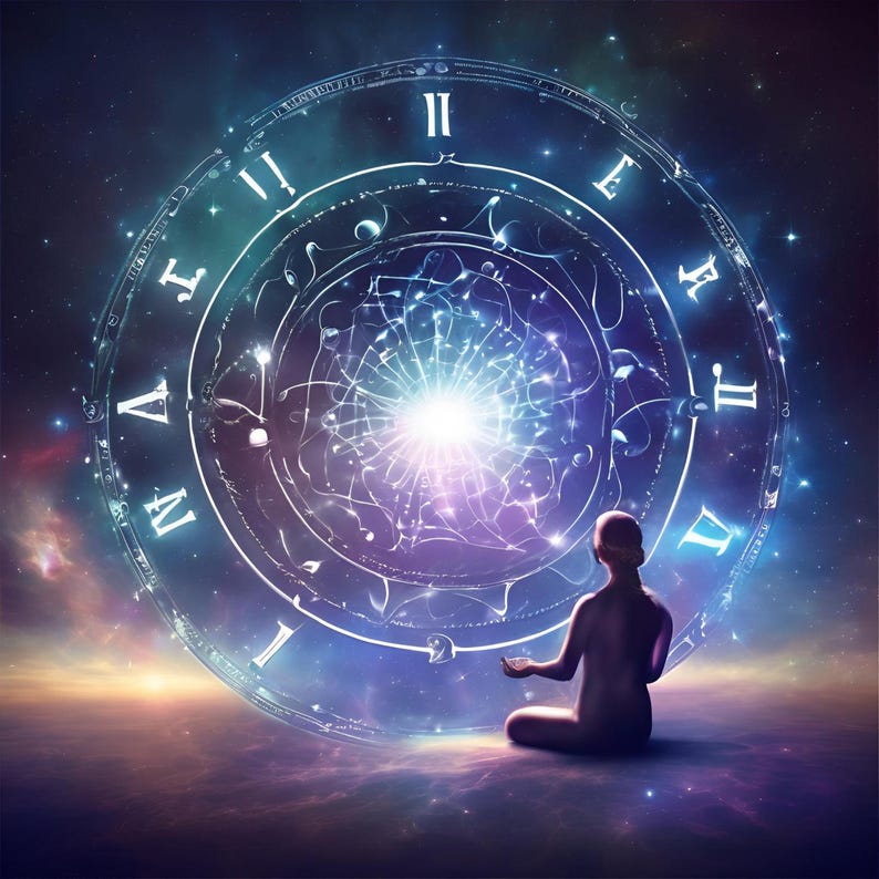 May include: An artistic digital illustration of a person meditating in front of a large, glowing clock face with Roman numerals. The clock is surrounded by a nebula of purple, blue, and white colors, with a bright light emanating from the center.