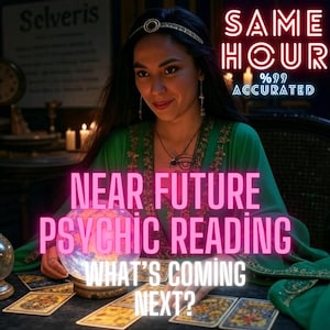 Puede incluir: Una imagen que promociona un servicio de lectura psíquica. El texto dice "NEAR FUTURE PSYCHIC READING WHAT'S COMING NEXT?" y "SAME HOUR %99 ACCURATE". Una mujer con un vestido verde está sentada en una mesa con cartas del tarot y una bola de cristal.