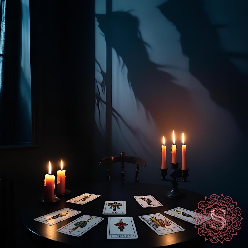 May include: A dimly lit scene featuring a round table with tarot cards arranged on it. Lit candles in a candelabra and on the table cast shadows on the wall. The scene evokes a mystical or spiritual theme.