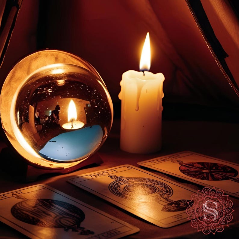 May include: A lit candle and a crystal ball are the focal points of this image, with tarot cards in the foreground. The crystal ball reflects the candle's flame. The scene is illuminated by the warm glow of the candle and the surrounding ambiance.