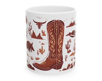 Taza de cerámica estilo western: diseño de bota vaquera y desierto