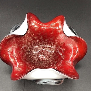 Vintage Murano Seguso Art Glass Bowl Candy Dish Ashtray Red And Gold Fleck