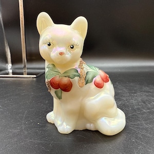 Fenton Art Glass Opalescent Cat Hand Painted Floral And Fruit Signed