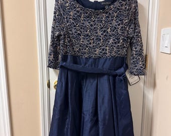 NWT Jessica Howard Formal Cocktail Dress Navy Blue Chiffon Sequence Missy 16