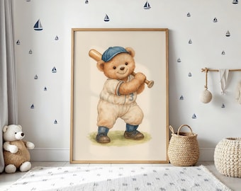 Vintage Baseball Teddy Bear Wall Art , Cute Bear in Vintage Uniform, Perfect Decor for Kids' Rooms, Nurseries, or Sports Enthusiasts , gift