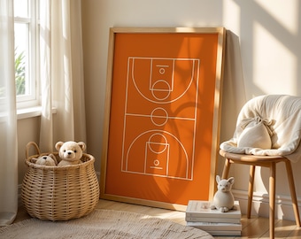 Basketball Court, Basketball Poster, Basketball Wall Art, Running Wall Decor, Basketball Field Diagram, Print Minimalist Sports Illustration