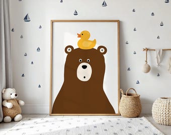 Orso con paperella, stampe per il bagno, decorazioni da parete per il bagno, decorazioni per il bagno, stampe per il bagno, decorazioni moderne, regalo di arte murale a forma di paperella