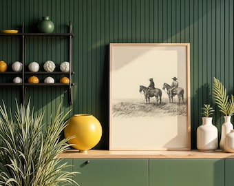 Cowboys on Horses  Print Western Wall Art, Vintage Horse Sketch,Farmhouse Wall Decor Country Art ,Vintage Western Country Farmhouse