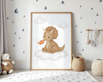 Impresión de dinosaurio Triceratops lindo - Arte de pared para habitación infantil - Decoración de guardería, Arte de pared imprimible de dinosaurios, Decoración de habitación de niños, Habitación infantil con temática de dinosaurios