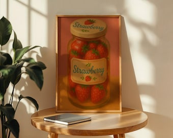 Erdbeeren Print, rosa ästhetische Küchendekoration, Lebensmittel Poster, Küchenbar, Warenkorb Kunst, Küchen Wandkunst, Preppy Wandkunst, Digitaldruck,