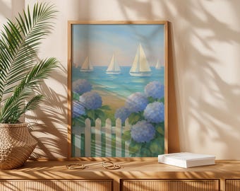 Sailboats and Blue Hydrangeas Painting Pastel Seascape Wall Art Print Coastal Boats Digital Download for Nantucket Beach House Nautical art