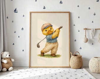 Vintage Golf Teddy Duck Wall Art, Watercolor Illustration of Duck in Retro Outfit, Nostalgic Wall Decor for Kids Room or Golf Enthusiasts