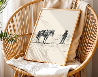 Tired Cowboy and Horse Sketch Drawing ,Retroniva PRINTABLE Art gift,Vintage Western Country Farmhouse Art Print Nursery Wall Decor cowboy