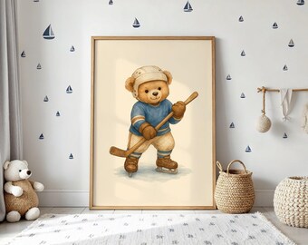 Vintage Hocky Teddy Bear Wall Art , Cute Bear in Vintage Uniform, Perfect Decor for Kids' Rooms, Nurseries, or Sports Enthusiasts , Hocky
