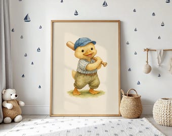 Vintage Baseball Teddy Duck Wall Art, Adorable Bear in Classic Baseball Uniform, Charming Decor for Kids Room, Nursery, wall art kids gift