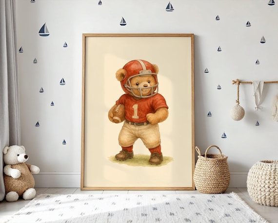 Vintage football Teddy Bear Wall Art , Cute Bear in Vintage Uniform, Perfect Decor for Kids' Rooms, Nurseries, or Sports Enthusiasts ,gift