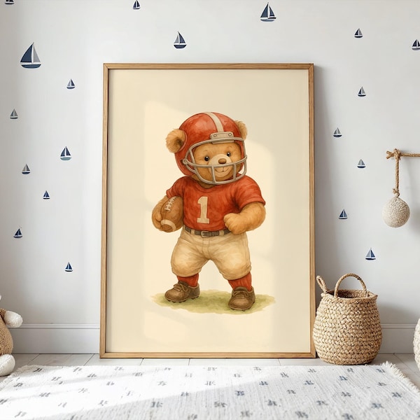 Art mural vintage avec ours en peluche de football, ours mignon en uniforme vintage, décoration parfaite pour les chambres d'enfants, les crèches ou les amateurs de sport, cadeau