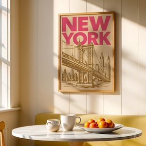 Stampa di viaggio rosa di New York, poster retrò di New York, arte murale alla moda, stampa digitale del ponte di Brooklyn, decorazione artistica per appartamento e dormitorio, arte minimalista