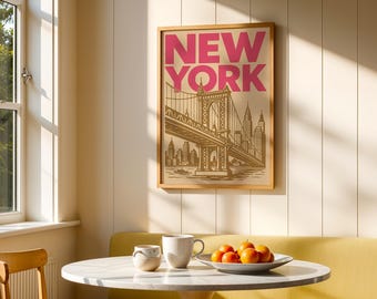 Pink New York Travel Print, Retro NYC Poster, Trendy Wall Art, Brooklyn Bridge Digital Print, Apartment Art Dorm Room Decor, Minimalist art