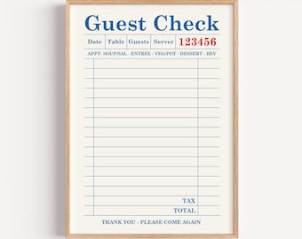 Blank Guest Check Art Print, Trendy Wall Art, Guest Check Print, Digital Art,Guest Check Wall Art, Restaurant Guest Check Receipts printible